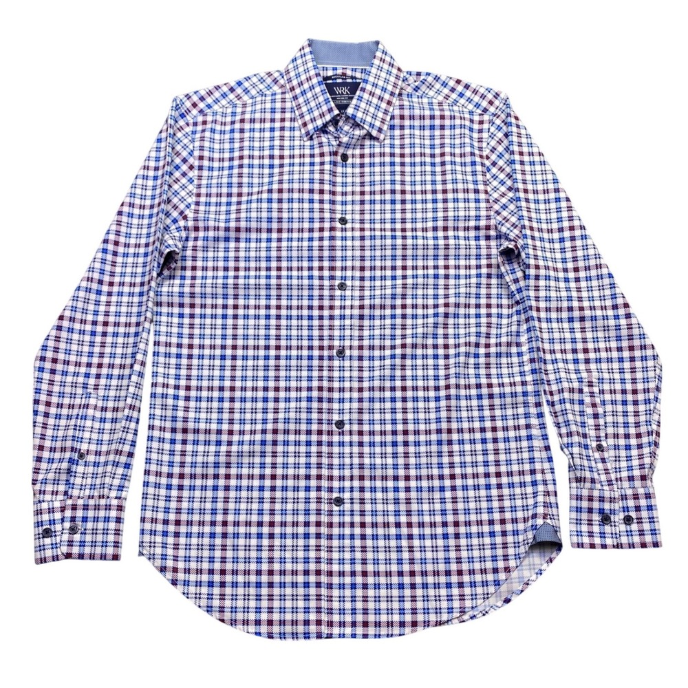 WRK Regular Fit 4-Way Stretch Gingham Dress Shirt Mens 15 White Blue Red